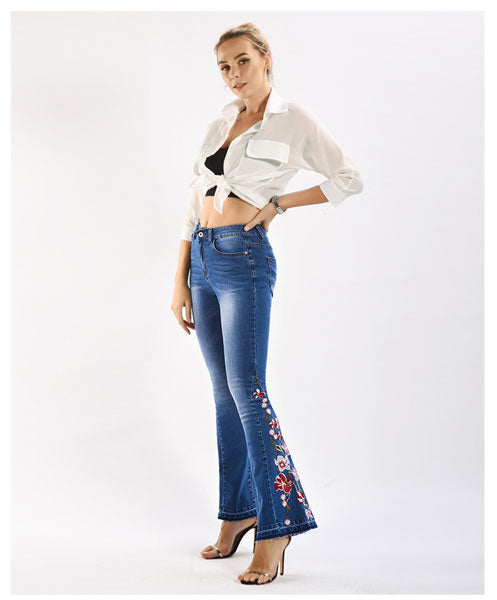 Flower Embroidered Jeans Womens Bell Bottom Jeans DENIMUSE