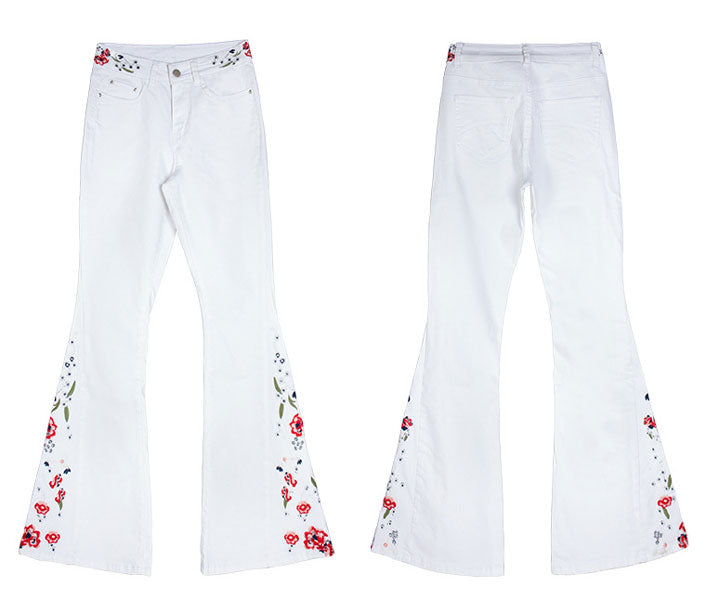 Floral Embroidered Jeans-White
