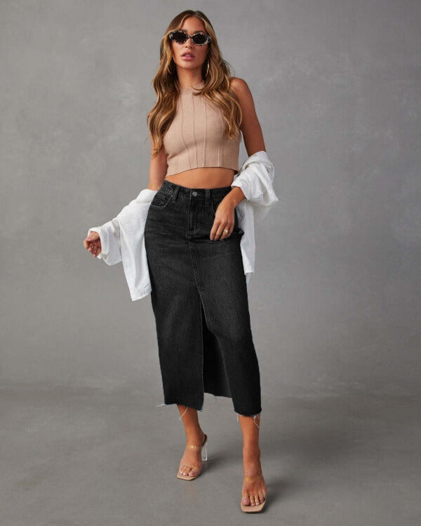 Denim Maxi Skirt with Slit | Long Jean Split Skirt | DENIMUSE