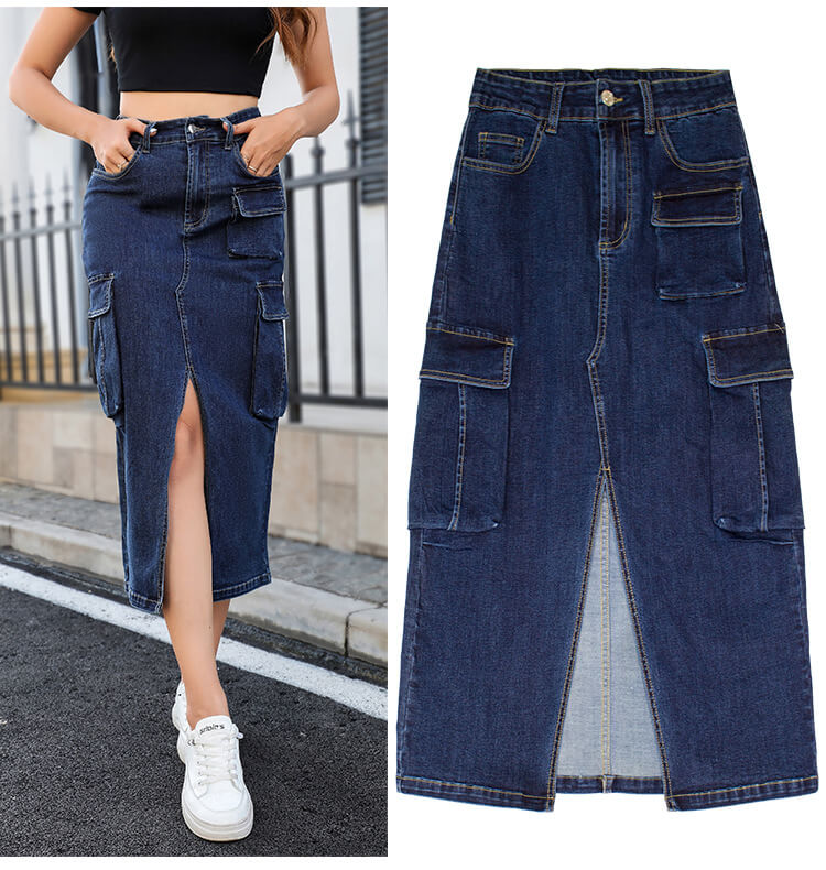 Cargo Denim Midi Skirt