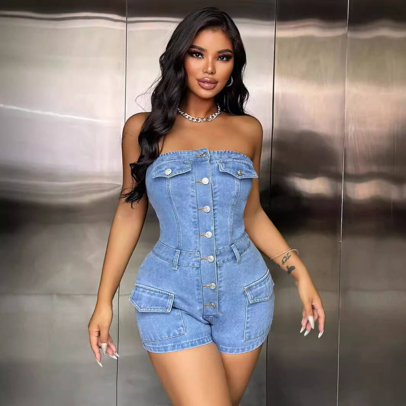 Strapless Denim Romper Shorts Sleeveless Jean Jumpsuit DENIMUSE