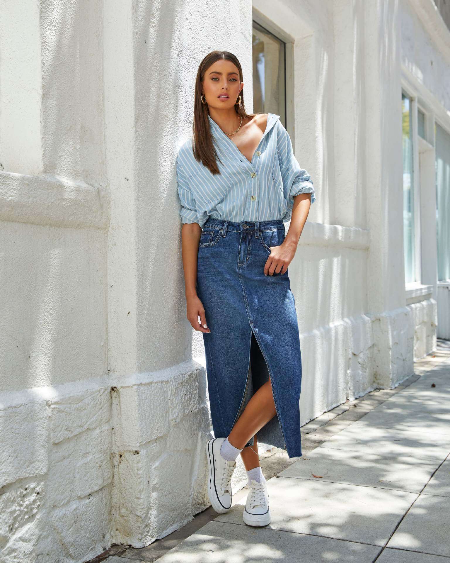 Denim Maxi Skirt with Slit | Long Jean Split Skirt | DENIMUSE