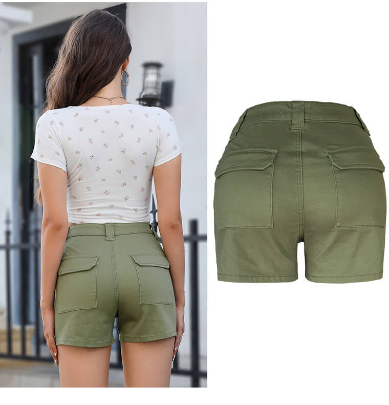 High Waist Denim Shorts-Olive Green