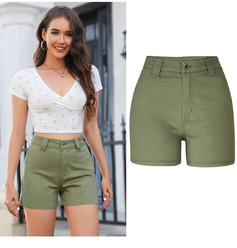 High Waist Denim Shorts-Olive Green