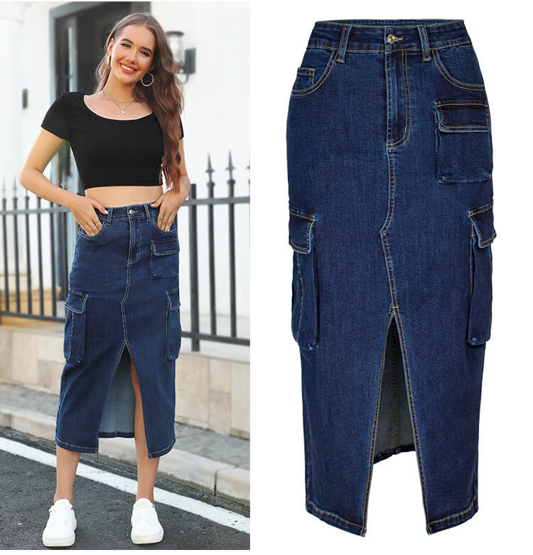 Cargo Denim Midi Skirt