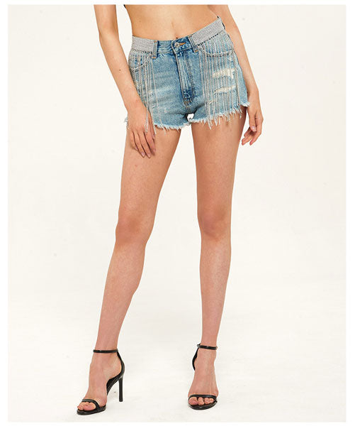 Dripping Rhinestone High Rise Denim Shorts - Light Blue