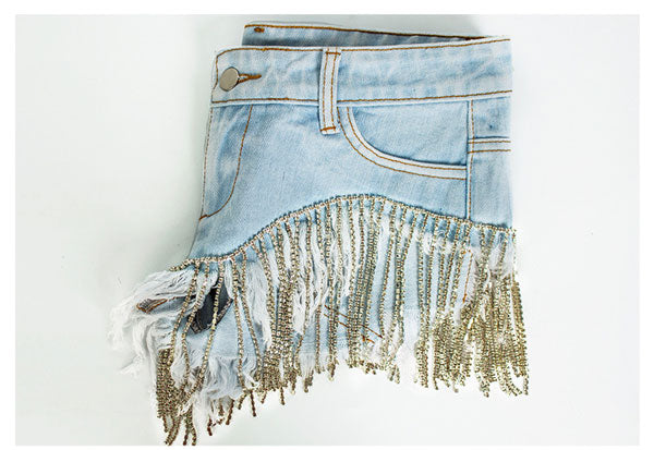 Sissy Boutique Blue Denim Shorts with Rhinestone Fringe