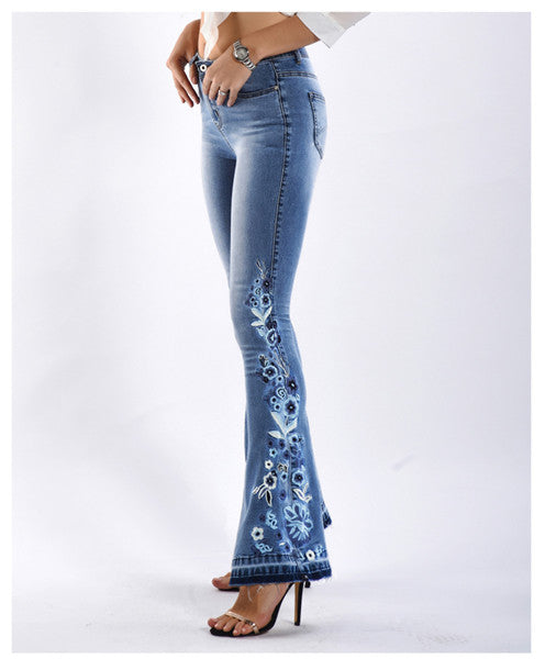 Retro-chic Look Embroidered Flare Jeans