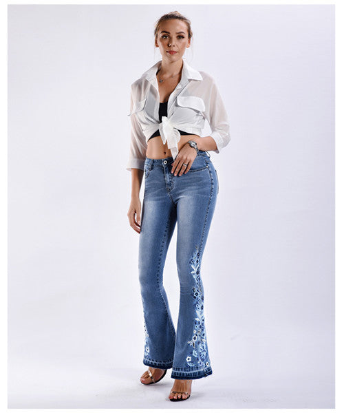 Retro-chic Look Embroidered Flare Jeans