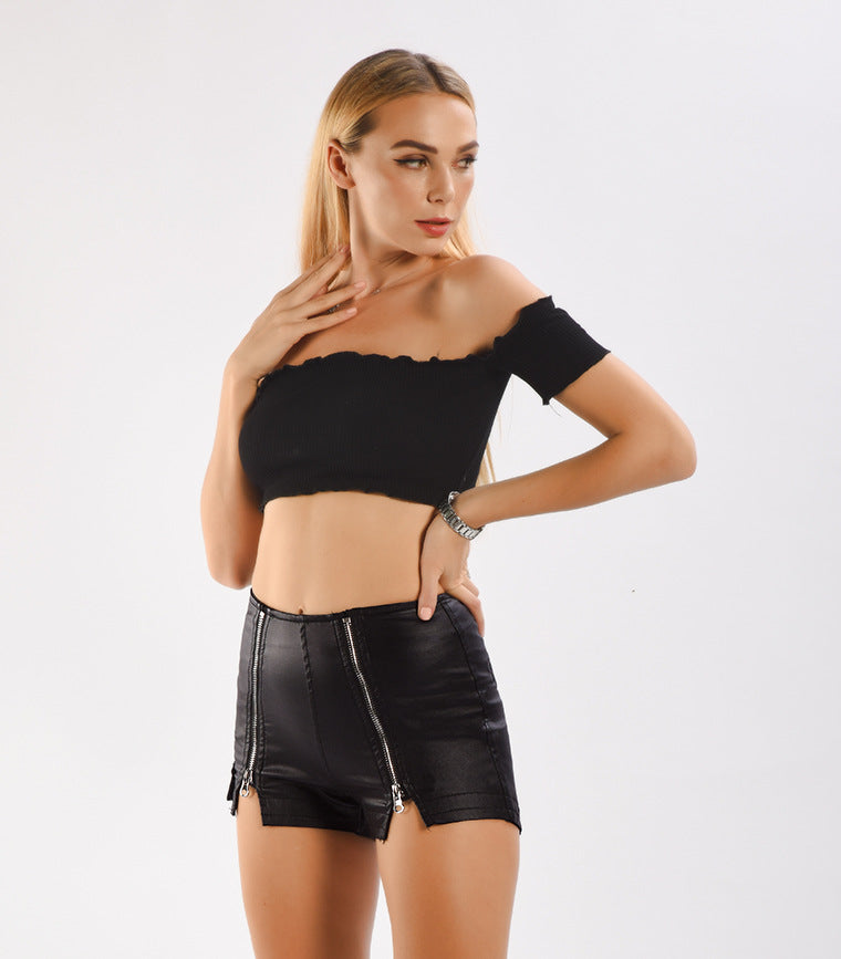 Sexy Mid Rise PU Leather Shorts-Black