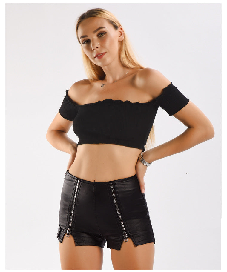 Sexy Mid Rise PU Leather Shorts-Black