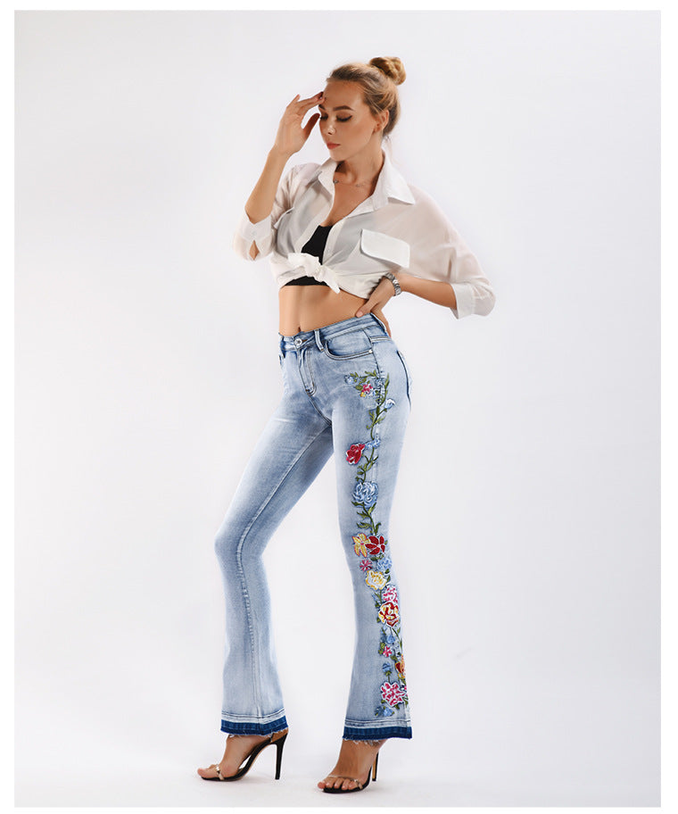 Floral Embroidered Flared Jeans