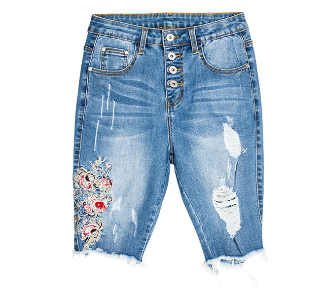 Embroidered Jean Bermuda Shorts