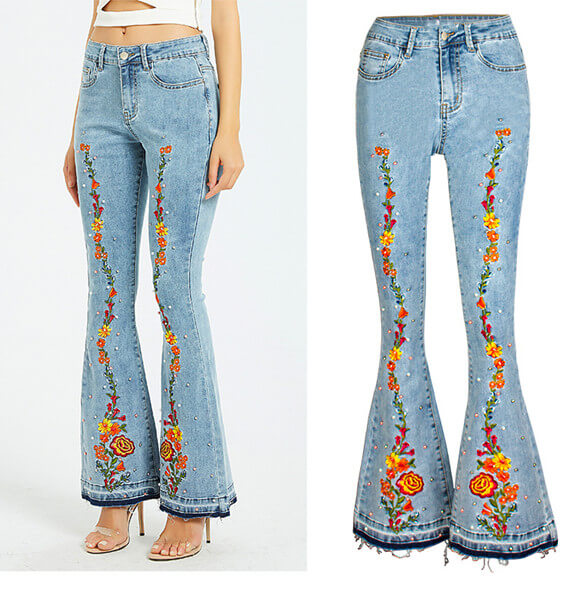 Floral Applique Bell Bottom Jeans