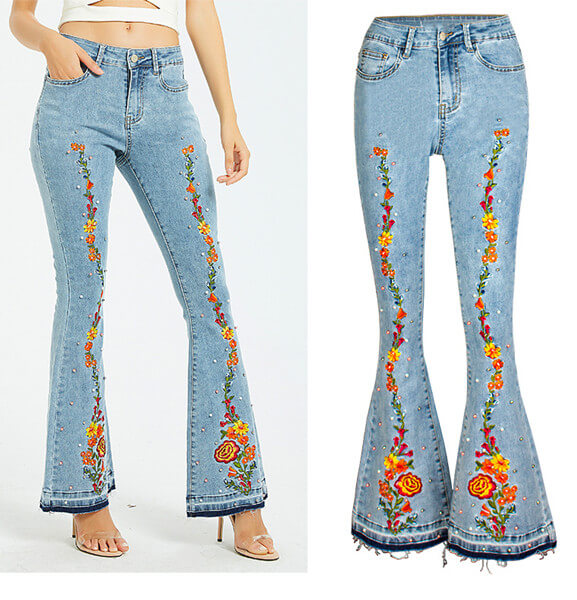 Embroidered Bell Bottom Jeans, Statement Jeans