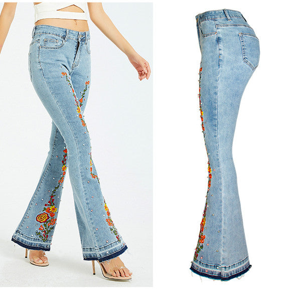 Floral Applique Bell Bottom Jeans