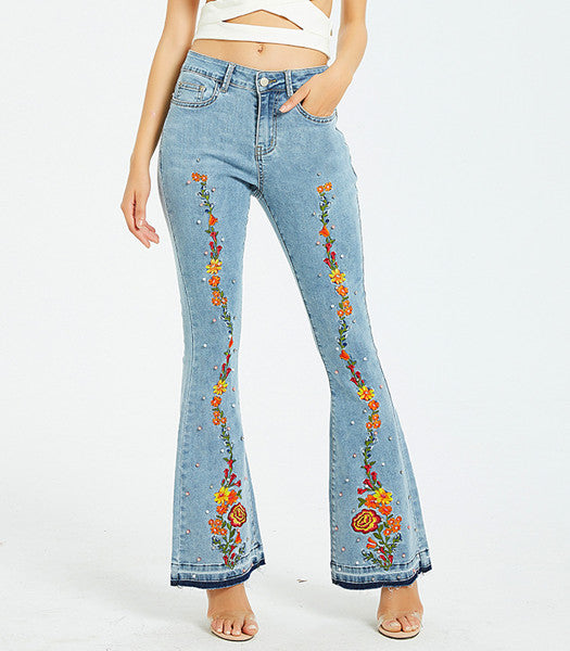 Floral Applique Bell Bottom Jeans