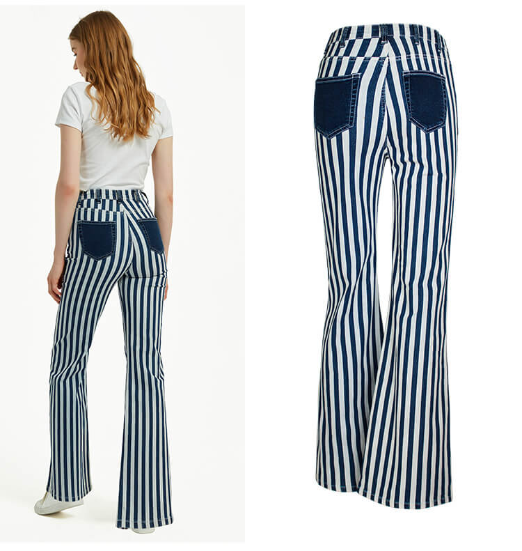Blue and White Striped Flare Jeans