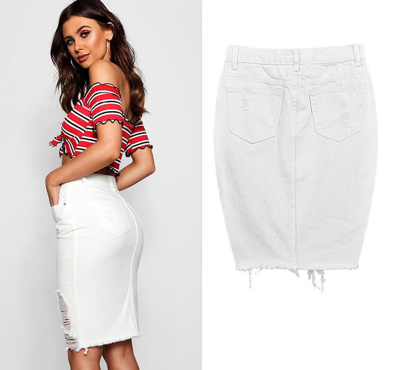 White Denim Skirt Knee Length Distressed Jean Skirt DENIMUSE