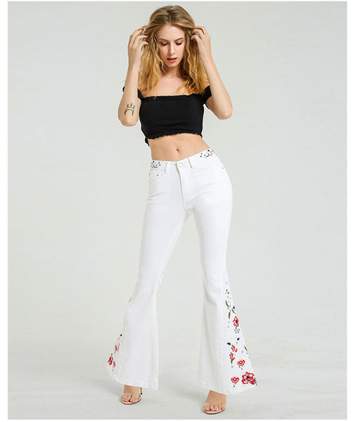 Floral Embroidered Jeans-White