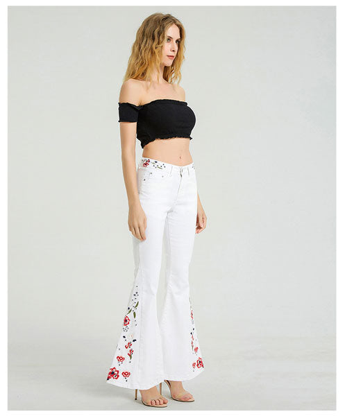 Floral Embroidered Jeans-White