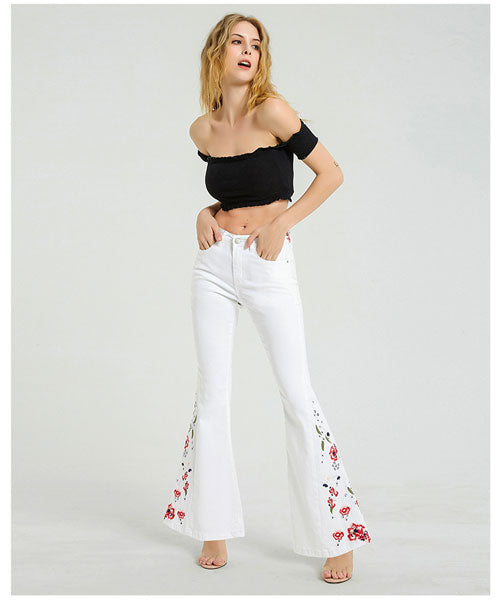 Floral Embroidered Jeans-White
