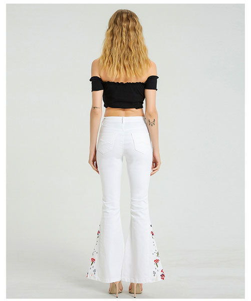 Floral Embroidered Jeans-White