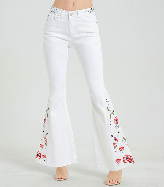Floral Embroidered Jeans-White